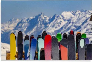 Lantern Press 12x18 Inch Premium Wood Sign, Ready to Hang Wall Decor, Full Ski Rack and Snowy Mountain Range
