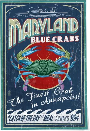 Lantern Press 24x36 Inch Giclee Art Print Wall Decor, Annapolis, Maryland Blue Crabs Vintage Sign