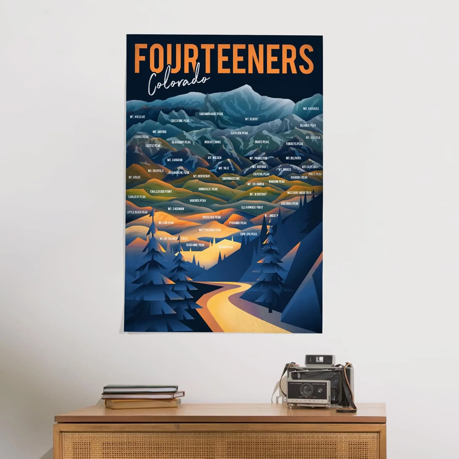 Lantern Press 24x36 Inch Giclee Art Print Wall Decor, Colorado, Fourteeners, Mountain Range and Names