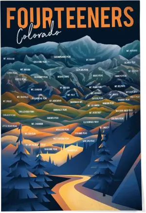 Lantern Press 24x36 Inch Giclee Art Print Wall Decor, Colorado, Fourteeners, Mountain Range and Names