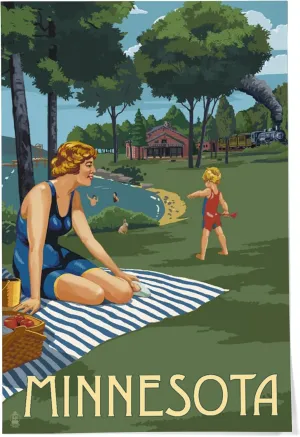 Lantern Press 24x36 Inch Giclee Art Print Wall Decor, Minnesota, Lake and Picnic Scene