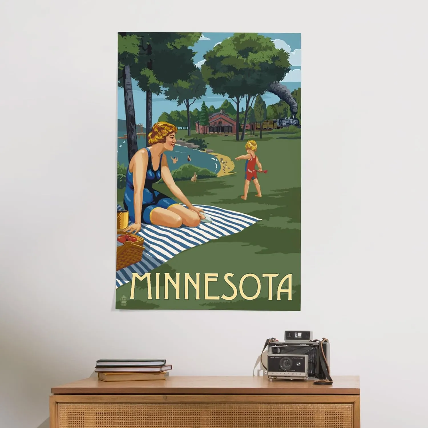 Lantern Press 24x36 Inch Giclee Art Print Wall Decor, Minnesota, Lake and Picnic Scene