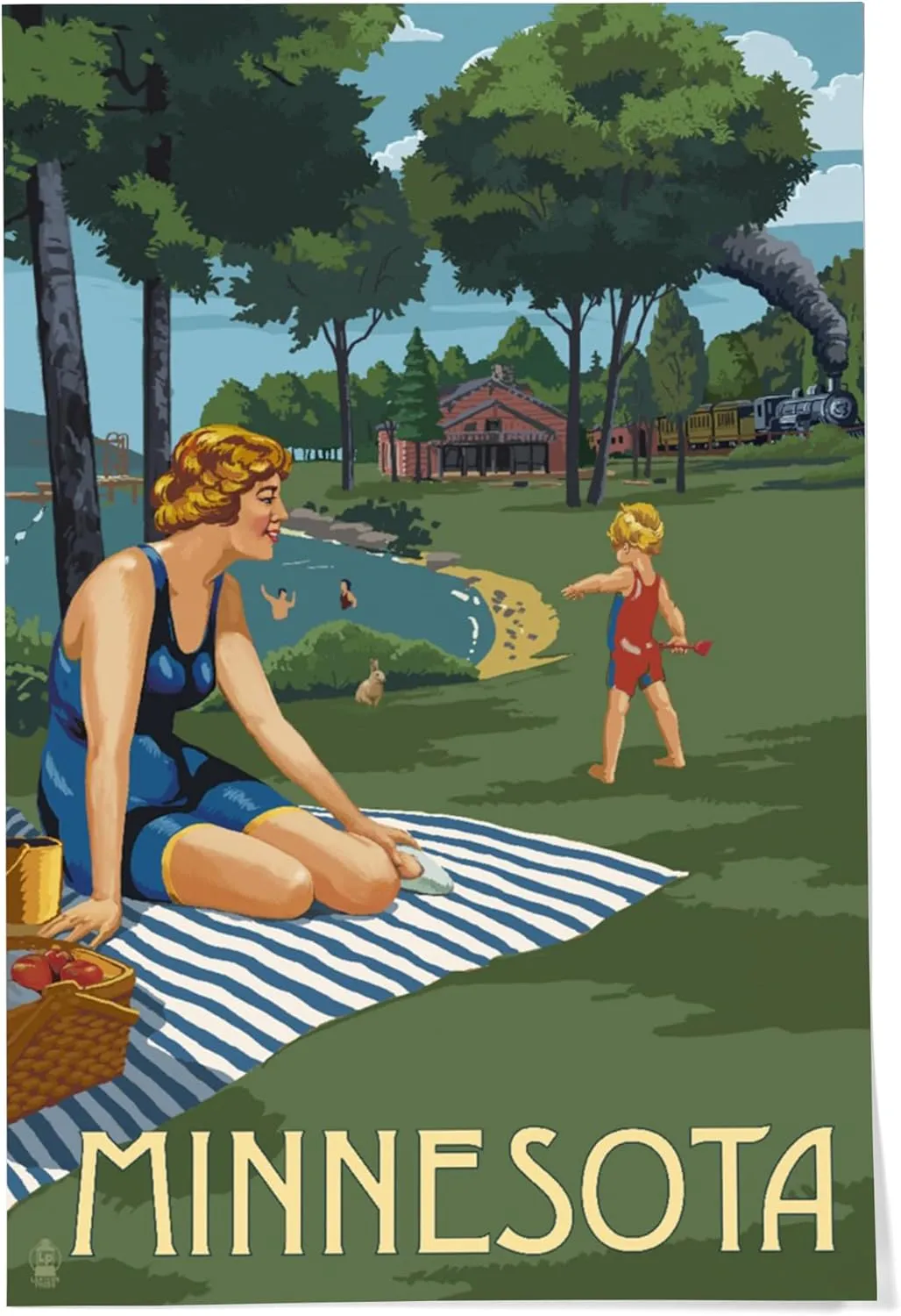 Lantern Press 24x36 Inch Giclee Art Print Wall Decor, Minnesota, Lake and Picnic Scene