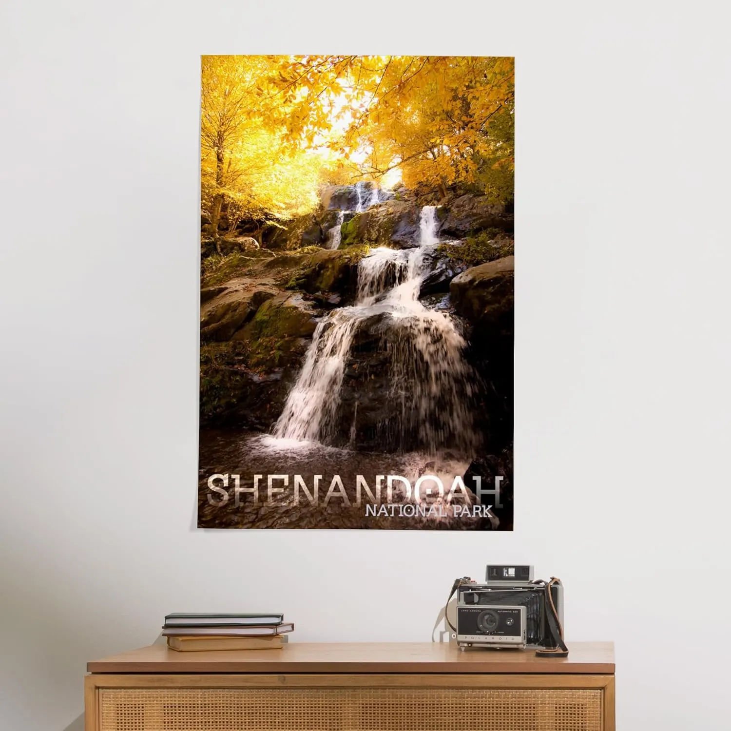 Lantern Press 24x36 Inch Giclee Art Print Wall Decor, Shenandoah National Park, Virginia, Waterfall in Autumn, Block Text