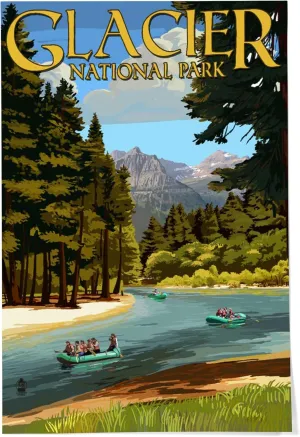 Lantern Press 24x36 Inch Giclee Print, Glacier National Park, Montana, River Rafting