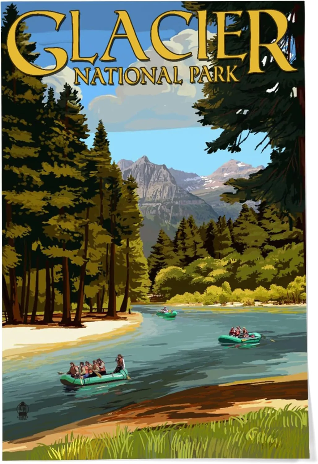 Lantern Press 24x36 Inch Giclee Print, Glacier National Park, Montana, River Rafting