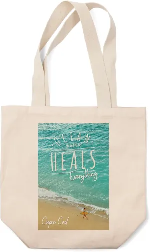 Lantern Press Cape Cod, Ocean Water Heals Everything, Surfer on Beach (100% Cotton Canvas Reusable Tote Bag)