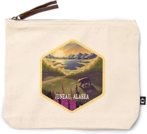 Lantern Press Juneau, Alaska, Bear and Spring Flowers Litho, 100% Cotton Zipper Pouch, Travel Accessory, Go Bag