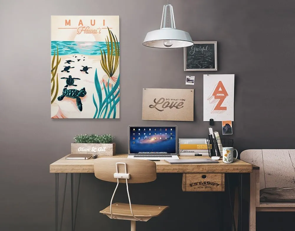 Lantern Press Maui, Hawaii, Courageous Explorer Collection, Turtles on Beach, Pause Respect Protect, (16x24 Wrapped Canvas, Wall Decor, Artwork)