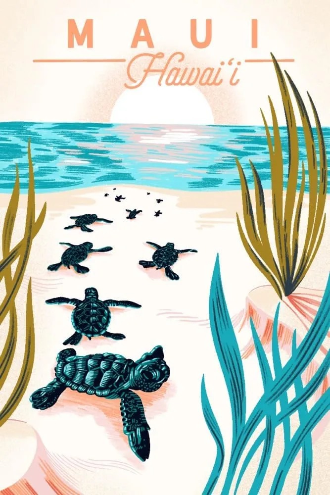 Lantern Press Maui, Hawaii, Courageous Explorer Collection, Turtles on Beach, Pause Respect Protect, (16x24 Wrapped Canvas, Wall Decor, Artwork)