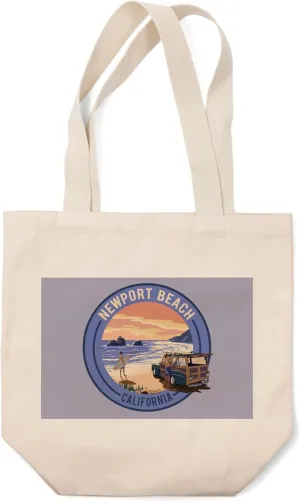Lantern Press Newport Beach, California, Woody on Beach, (100% Cotton Canvas Reusable Tote Bag)