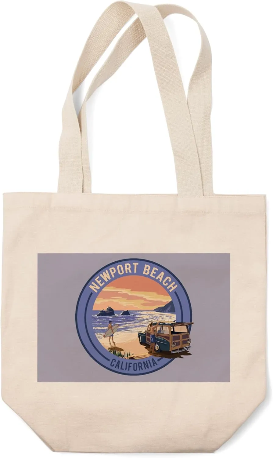 Lantern Press Newport Beach, California, Woody on Beach, (100% Cotton Canvas Reusable Tote Bag)