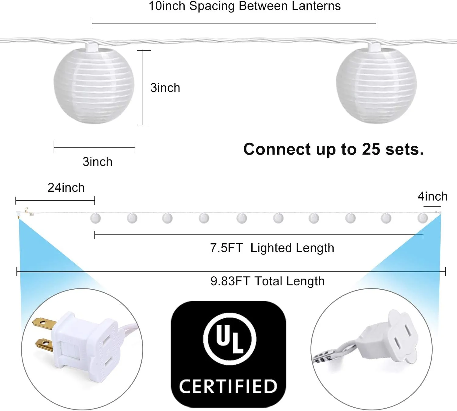 Lantern String Lights Plug in, Outdoor White Lights String 9.83FT Pack of 10 Nylon Lantern String Lights for Patio,White Lights String for Bedroom(Lanterns Need Simple Assembly)