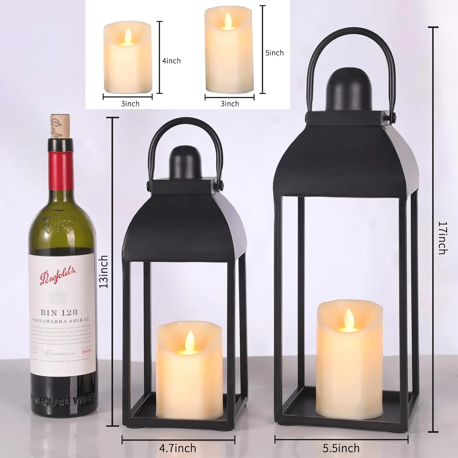 Lanterns Decorative Outdoor Indoor, Black Metal Outdoor Lanterns, 17'' 13'' Set of 2 Modern Farmhouse Candle Lantern for Home, Wedding, Patio, Porch, Mantel, Lantern Centerpieces