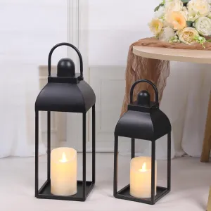 Lanterns Decorative Outdoor Indoor, Black Metal Outdoor Lanterns, 17'' 13'' Set of 2 Modern Farmhouse Candle Lantern for Home, Wedding, Patio, Porch, Mantel, Lantern Centerpieces