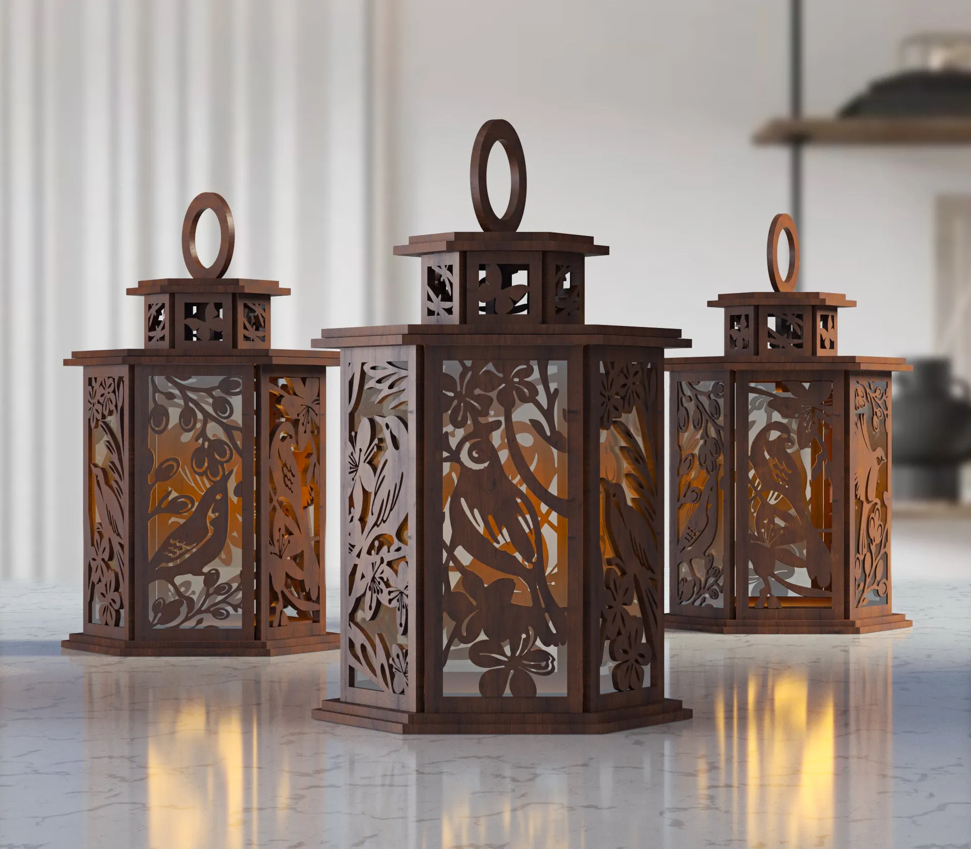 Laser cut birds on tree table lamp lantern svg file