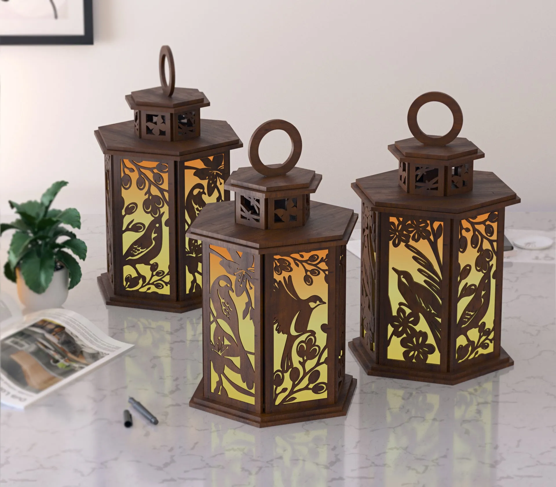 Laser cut birds on tree table lamp lantern svg file