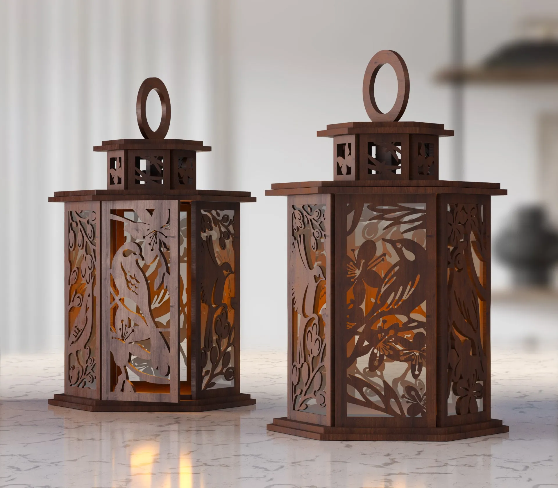 Laser cut birds on tree table lamp lantern svg file