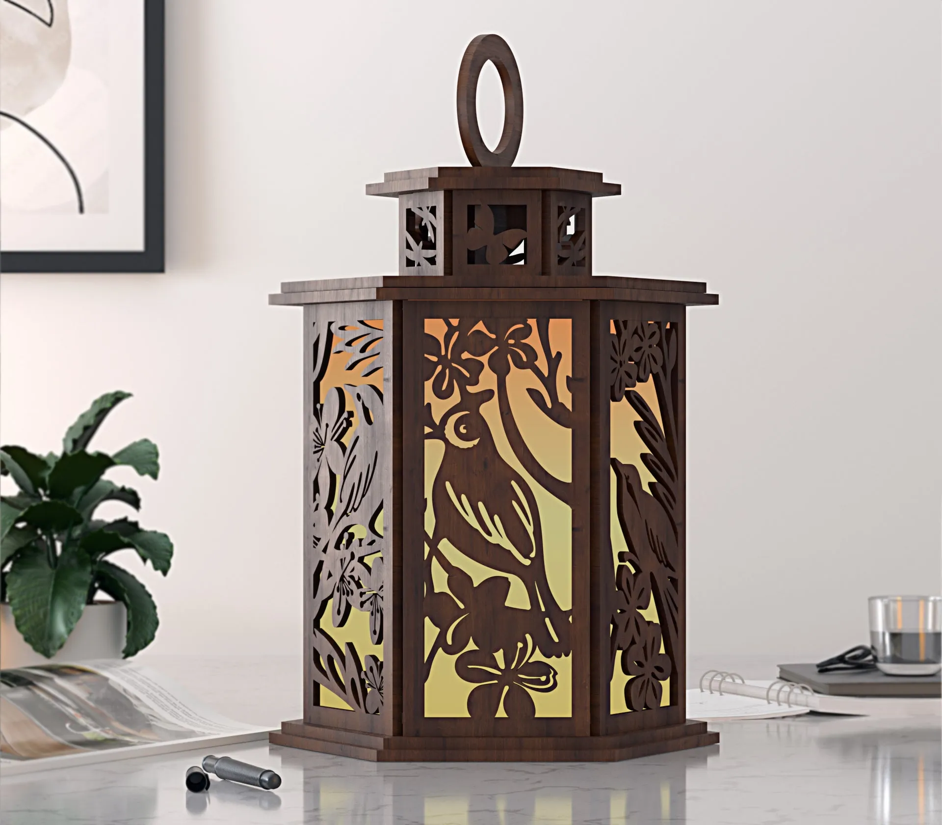 Laser cut birds on tree table lamp lantern svg file