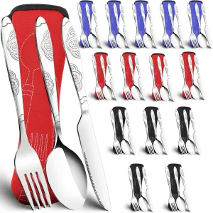 Lasnten 15 Sets Reusable Flatware Knife Fork Spoon Portable Travel Stainless Steel Tableware Camping Utensil Set with Carrying Case Rustproof Travel Cutlery for Lunch Picnic Working Hiking