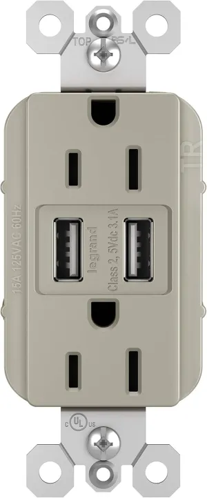 Legrand radiant TM826USBNICCV4 15 Amp Decorator Duplex Tamper Resistant Outlet Receptacle with 3.1A Type A USB Charger, Nickel (1 Count)