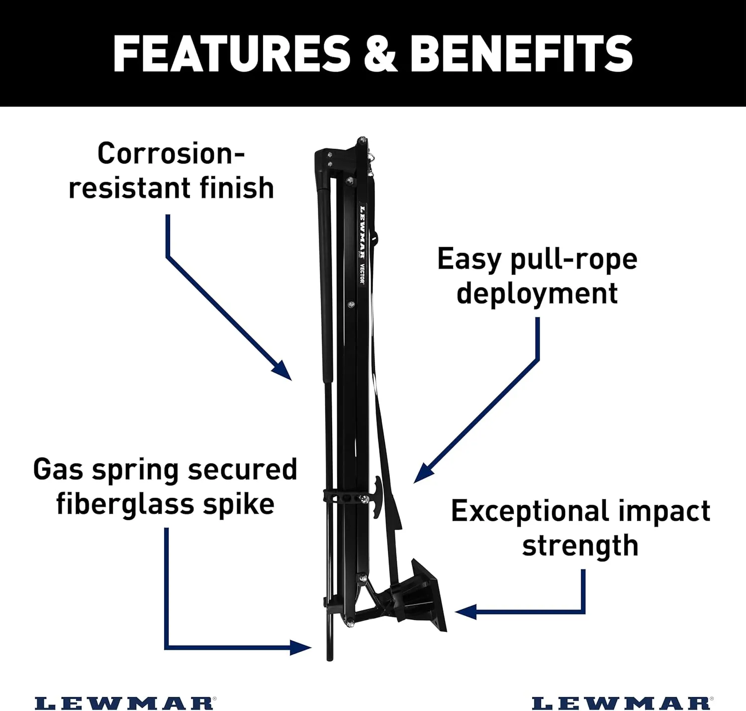 Lewmar Vector Manual Shallow Water Anchor 8 ft., Pull-Rope Deployment, Easy Installation, Gas Spring Secured Fiberglass Spike, Corrosion-Resistant Powder-Coated Aluminum, Black – 2024008743