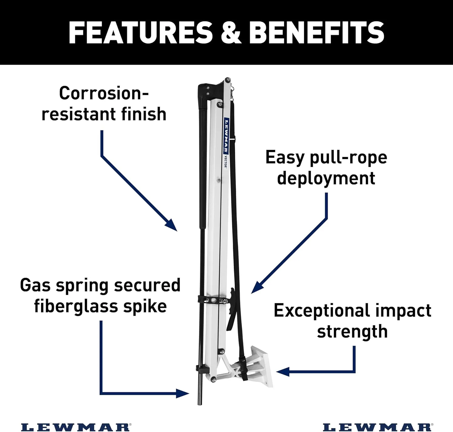 Lewmar Vector Manual Shallow Water Anchor 8 ft., Pull-Rope Deployment, Easy Installation, Gas Spring Secured Fiberglass Spike, Corrosion-Resistant Powder-Coated Aluminum, White - 2024008752