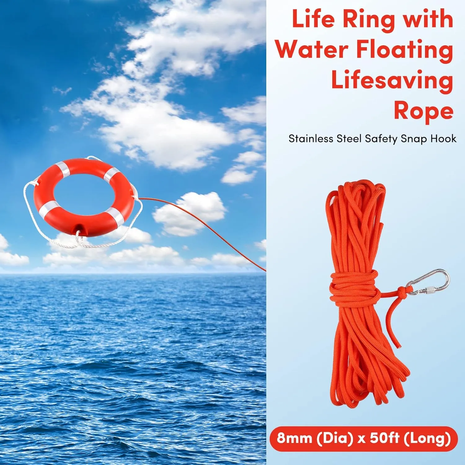 Life Ring for Boating Safety - 23" and 28" Boat Safety Throw Rings with Reflective Strip and Grab Lines (2 Color)