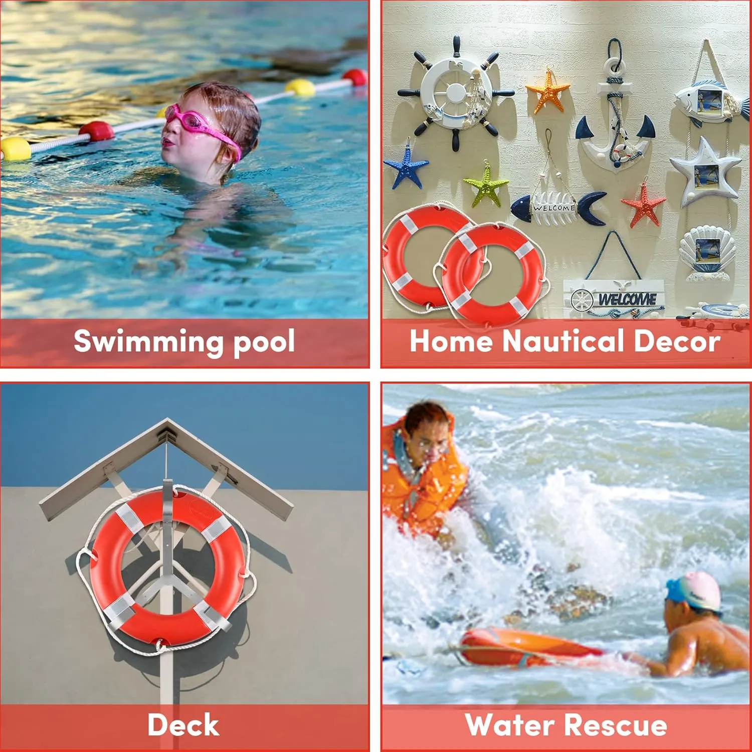 Life Ring for Boating Safety - 23" and 28" Boat Safety Throw Rings with Reflective Strip and Grab Lines (2 Color)