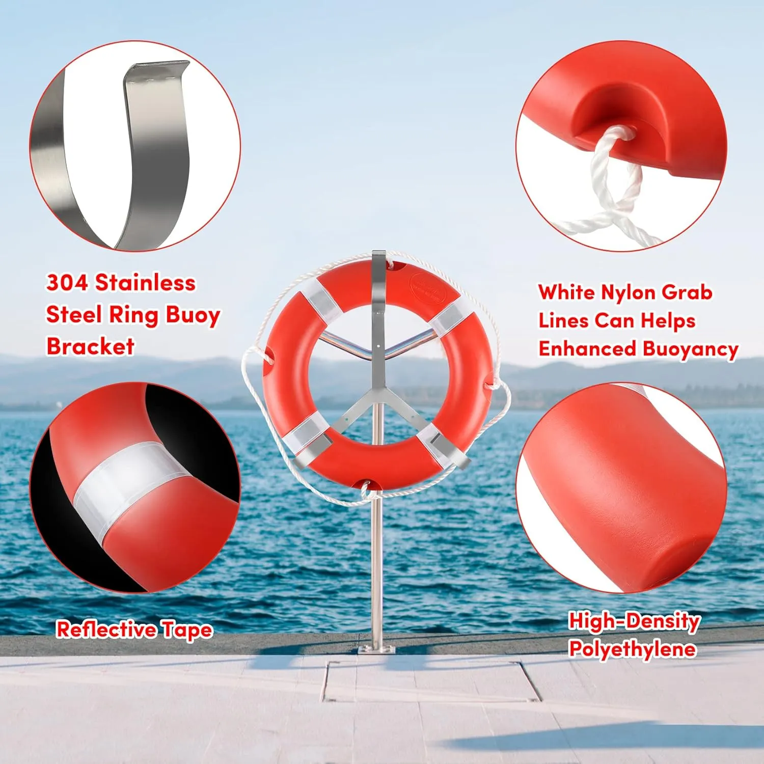 Life Ring for Boating Safety - 23" and 28" Boat Safety Throw Rings with Reflective Strip and Grab Lines (2 Color)