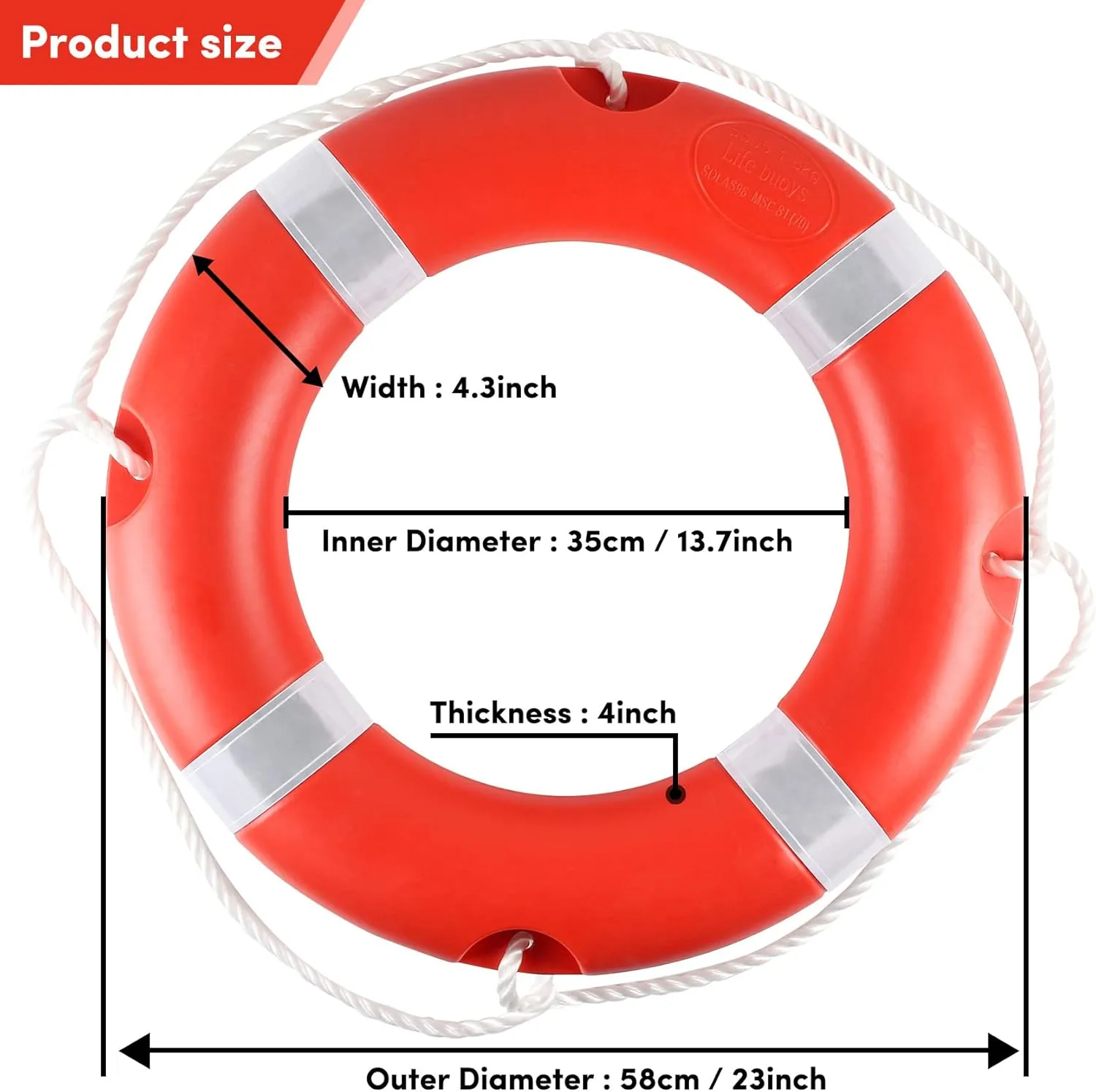 Life Ring for Boating Safety - 23" and 28" Boat Safety Throw Rings with Reflective Strip and Grab Lines (2 Color)