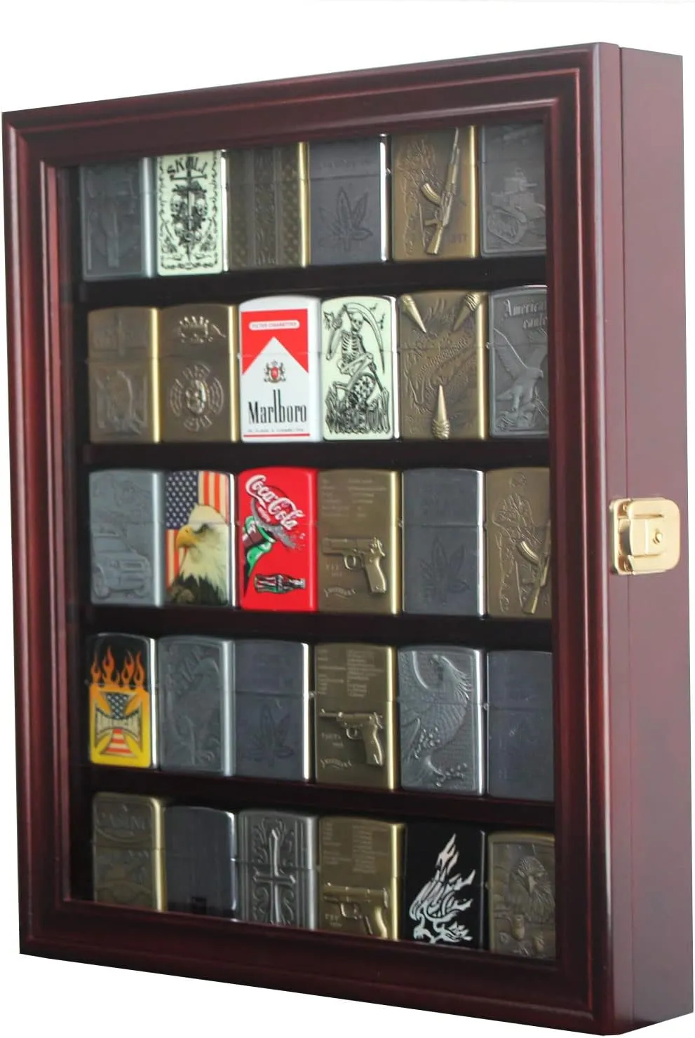 Lighters Display Case Wall Showcase Cabinet for Military Sport Collectible Outdoor Lighters Match Book Display Mahogany Finish