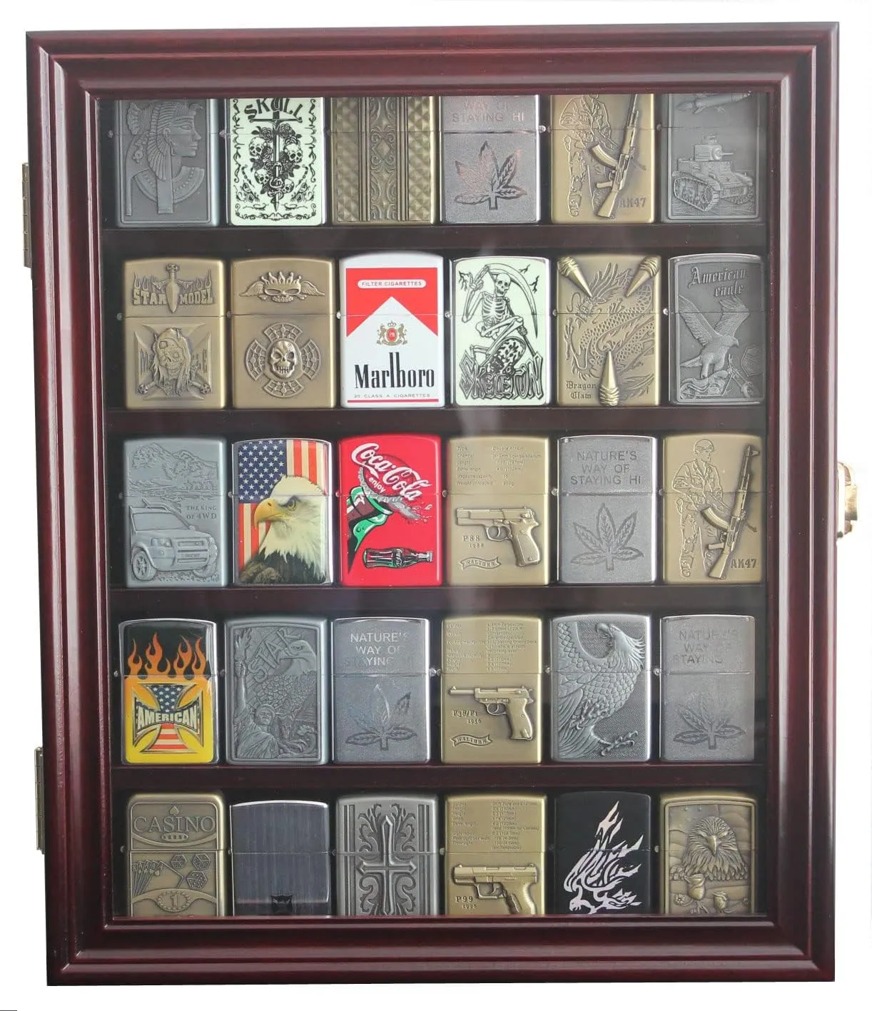 Lighters Display Case Wall Showcase Cabinet for Military Sport Collectible Outdoor Lighters Match Book Display Mahogany Finish