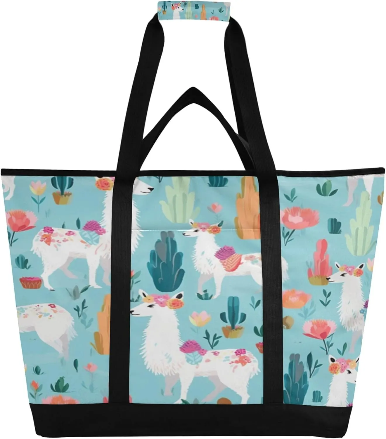Llama Reusable Insulated Cooler Bag with Ice Pack Compartment - Large 47L Waterproof Thermal Grocery Tote for Picnic Beach Camping Lunch Storage