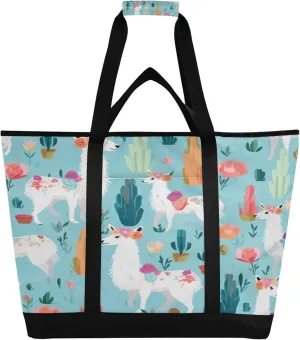 Llama Reusable Insulated Cooler Bag with Ice Pack Compartment - Large 47L Waterproof Thermal Grocery Tote for Picnic Beach Camping Lunch Storage