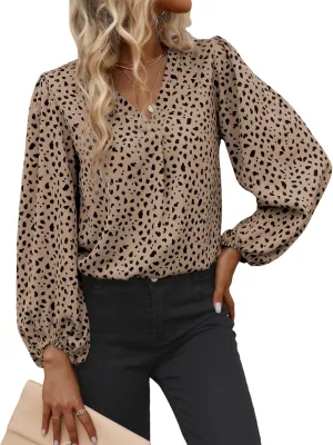 Long Sleeve Blouses for Women, Leopard Print Chiffon Tops V Neck Loose Business Shirts Casual Work Tunic
