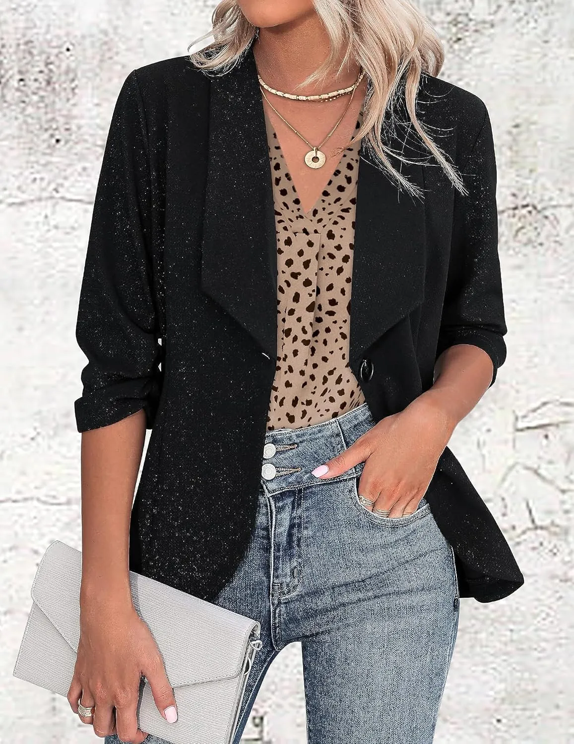 Long Sleeve Blouses for Women, Leopard Print Chiffon Tops V Neck Loose Business Shirts Casual Work Tunic