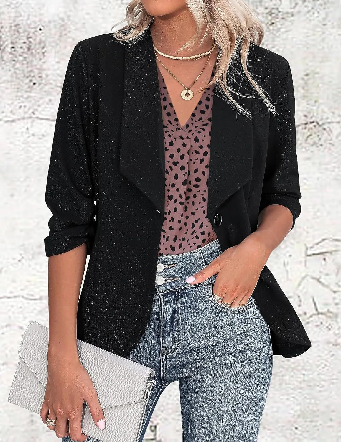 Long Sleeve Blouses for Women, Leopard Print Chiffon Tops V Neck Loose Business Shirts Casual Work Tunic