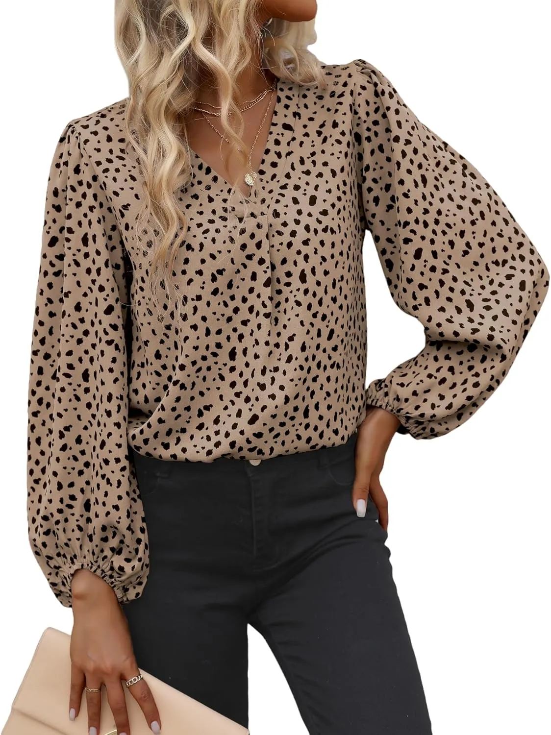 Long Sleeve Blouses for Women, Leopard Print Chiffon Tops V Neck Loose Business Shirts Casual Work Tunic