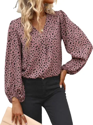 Long Sleeve Blouses for Women, Leopard Print Chiffon Tops V Neck Loose Business Shirts Casual Work Tunic