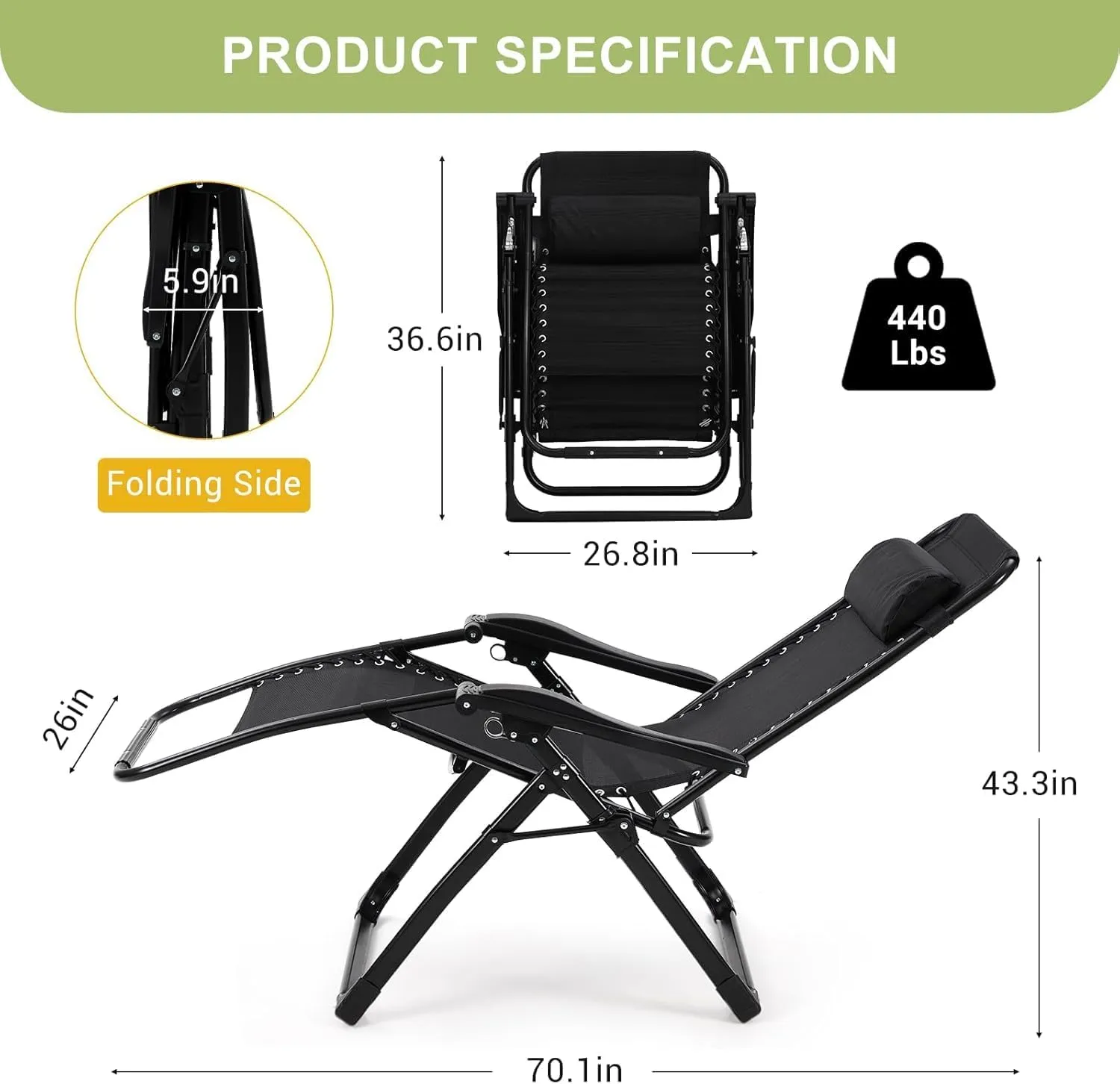 Lounge Chair Supports 440 Lbs, Indoor/Outdoor Adjustable Folding Recliner with 26 Inch Seat, Removable Cup Holder & Headrest Grey