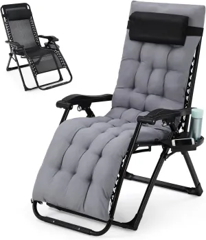 Lounge Chair Supports 440 Lbs, Indoor/Outdoor Adjustable Folding Recliner with 26 Inch Seat, Removable Cup Holder & Headrest Grey