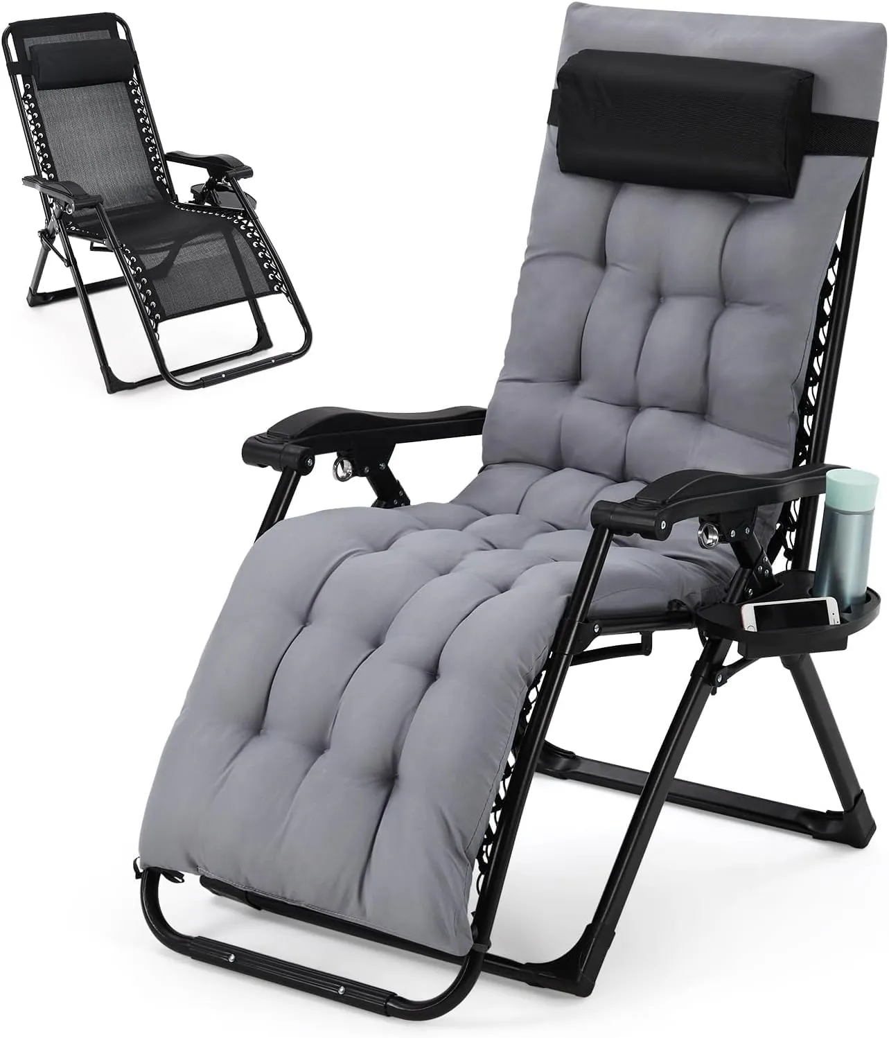 Lounge Chair Supports 440 Lbs, Indoor/Outdoor Adjustable Folding Recliner with 26 Inch Seat, Removable Cup Holder & Headrest Grey