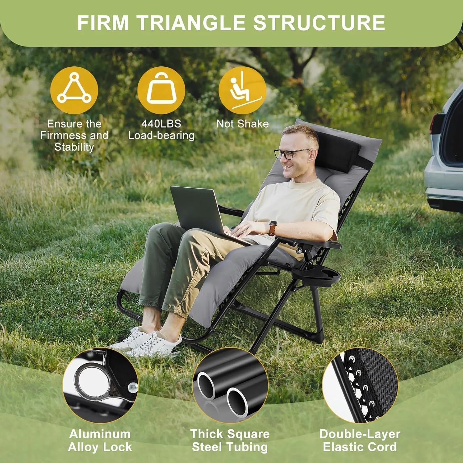 Lounge Chair Supports 440 Lbs, Indoor/Outdoor Adjustable Folding Recliner with 26 Inch Seat, Removable Cup Holder & Headrest Grey