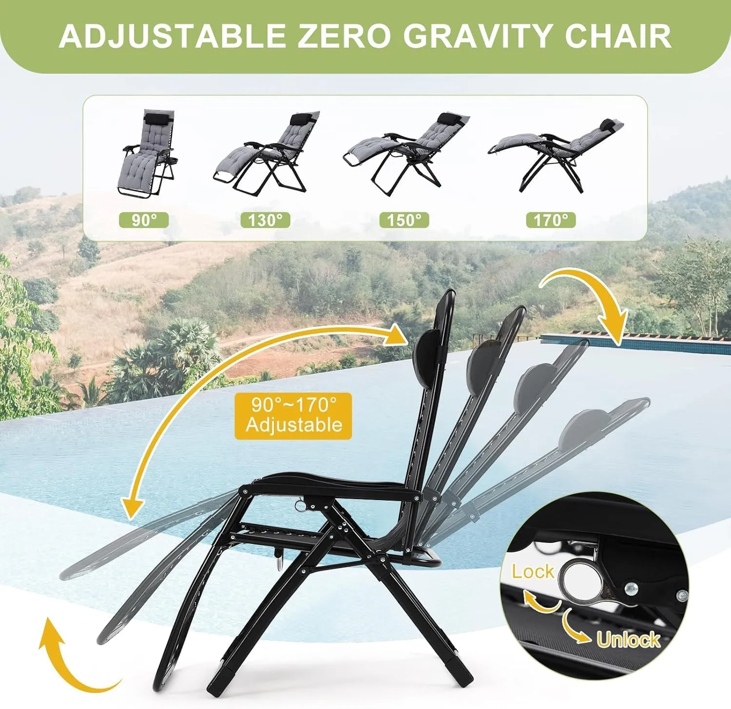 Lounge Chair Supports 440 Lbs, Indoor/Outdoor Adjustable Folding Recliner with 26 Inch Seat, Removable Cup Holder & Headrest Grey