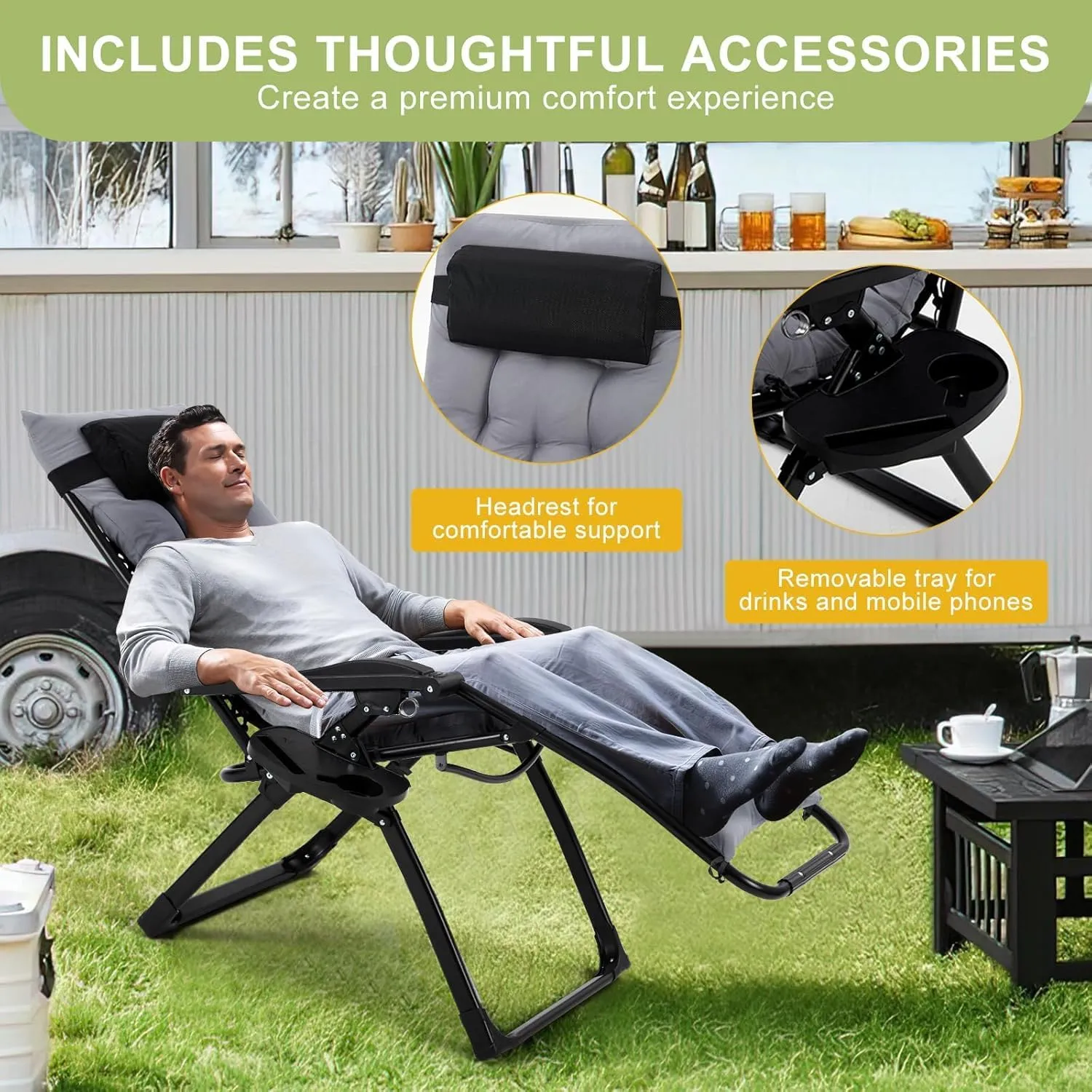 Lounge Chair Supports 440 Lbs, Indoor/Outdoor Adjustable Folding Recliner with 26 Inch Seat, Removable Cup Holder & Headrest Grey