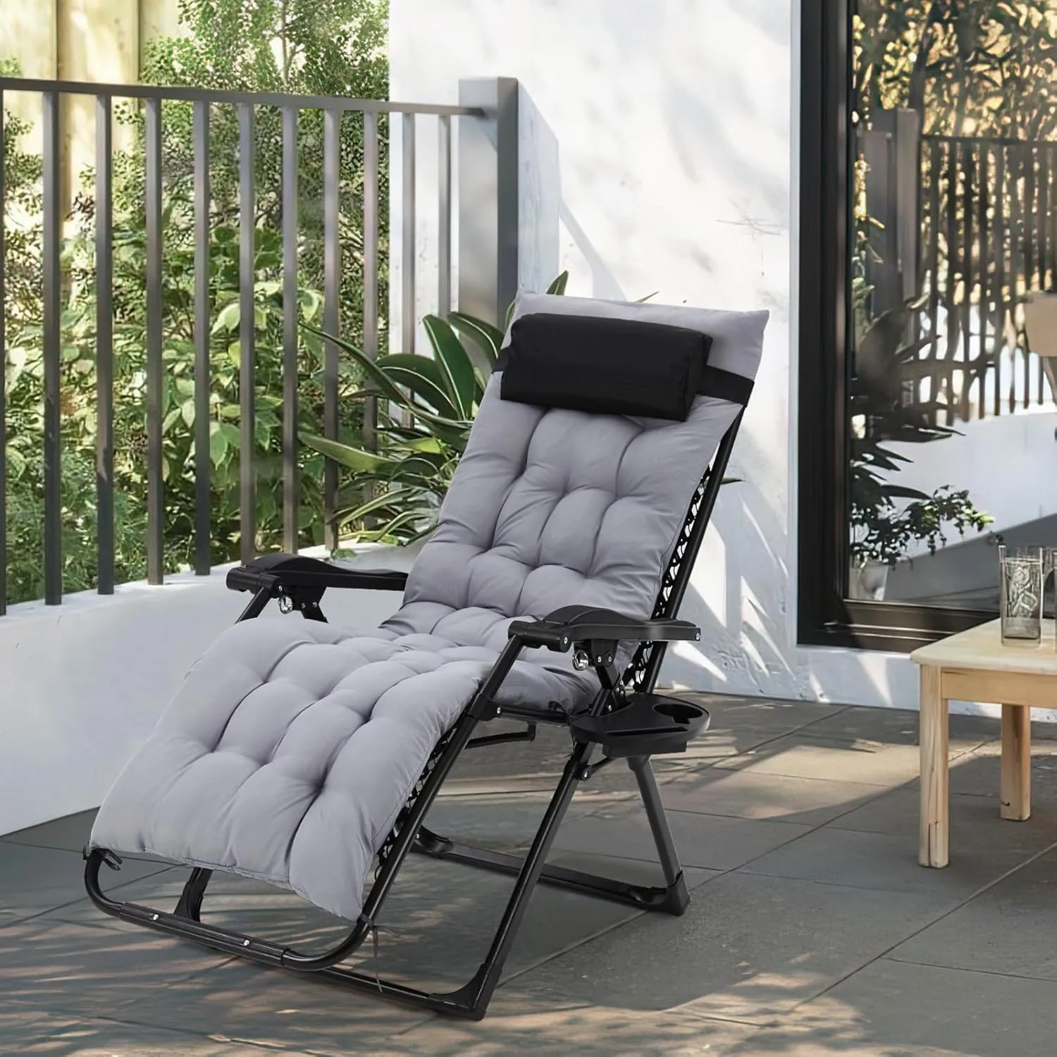 Lounge Chair Supports 440 Lbs, Indoor/Outdoor Adjustable Folding Recliner with 26 Inch Seat, Removable Cup Holder & Headrest Grey