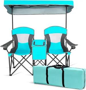 LUARANE Double Camping Chair w/Shade Canopy, Portable Beach Camping Chair with Mini Table Beverage Holder Carrying Bag, Suitable for Beach Park Pool Camping Fishing