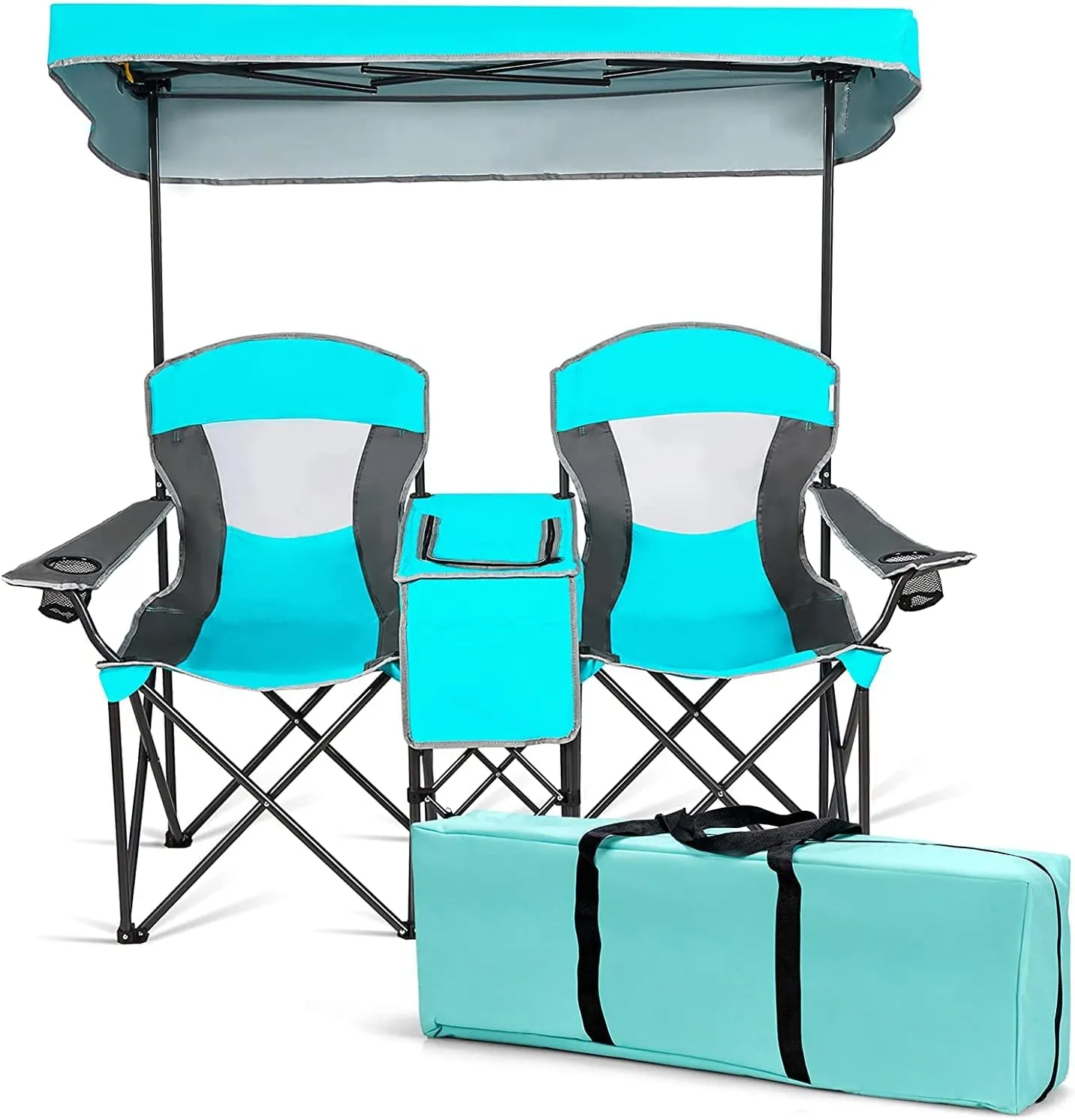 LUARANE Double Camping Chair w/Shade Canopy, Portable Beach Camping Chair with Mini Table Beverage Holder Carrying Bag, Suitable for Beach Park Pool Camping Fishing