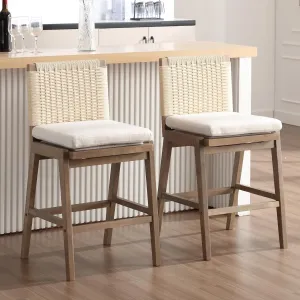 LukeAlon Woven Linen Counter Stools Set of 2, 27.25" Seat Height Low Bar With Solid Wood Legs, Mid Century Kitchen Square Rope Back Pub With Footrest, Indoor, Beige